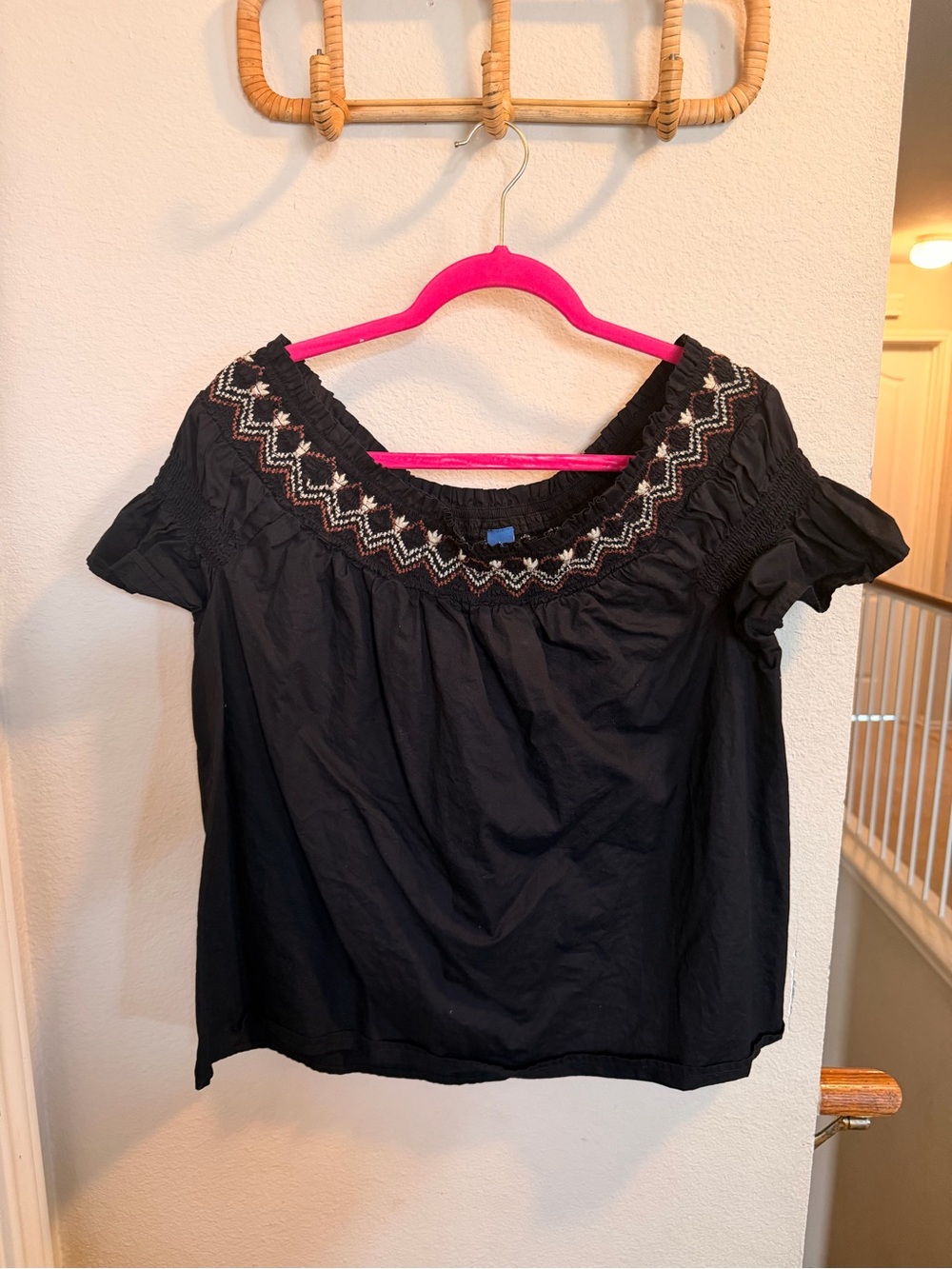 Old Navy Black Off-Shoulder Embroidered Peasant Top